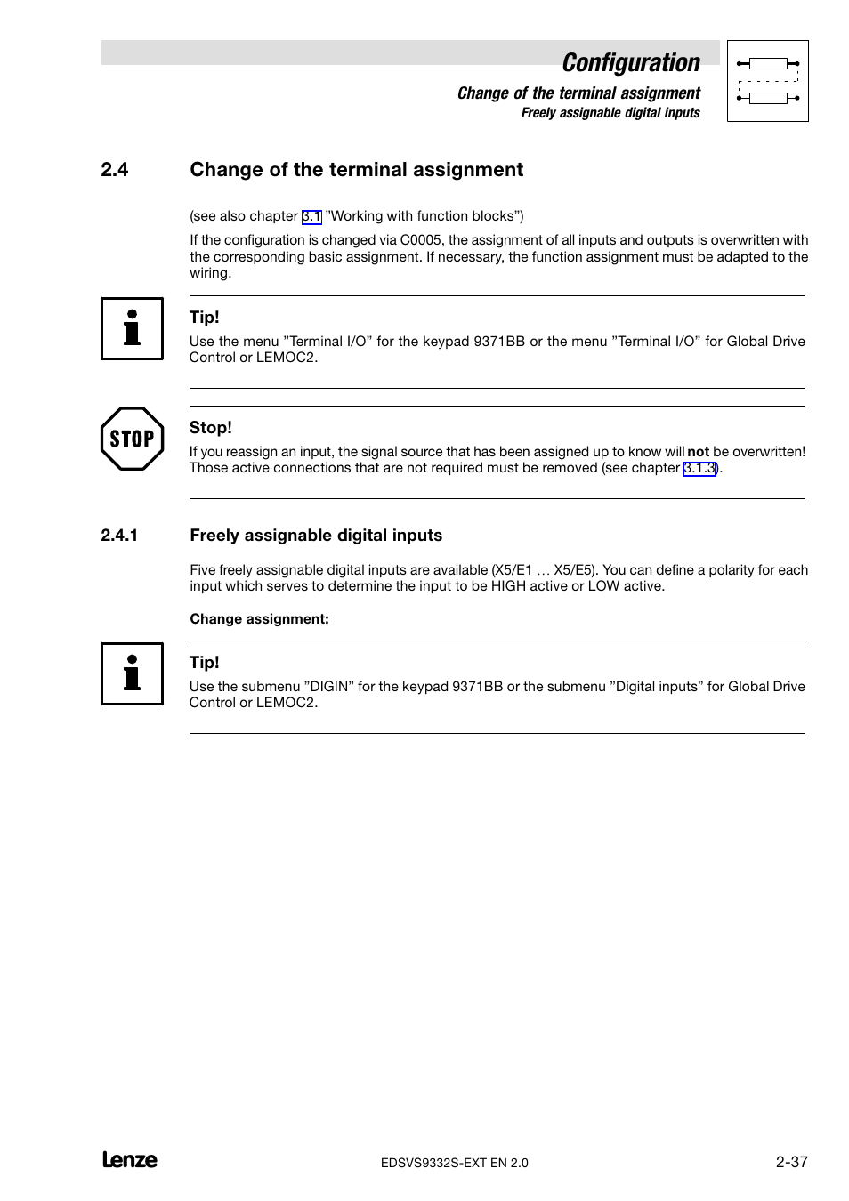 4 change of the terminal assignment, 1 freely assignable digital inputs, Change of the terminal assignment | Freely assignable digital inputs, Configuration | Lenze EVS9332xS User Manual | Page 49 / 264