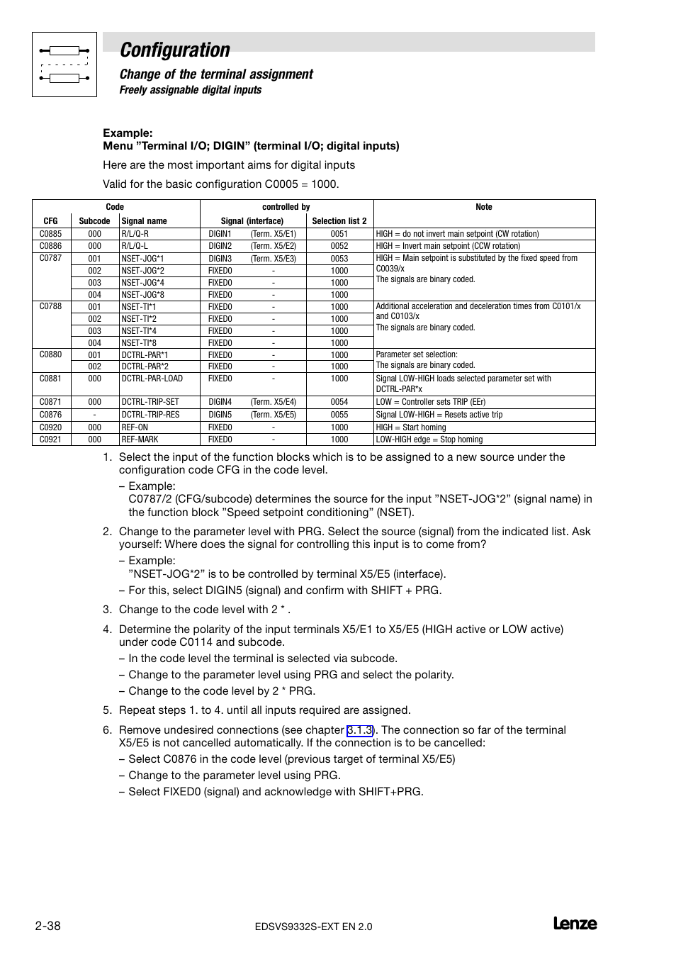 Configuration, Change of the terminal assignment | Lenze EVS9332xS User Manual | Page 50 / 264