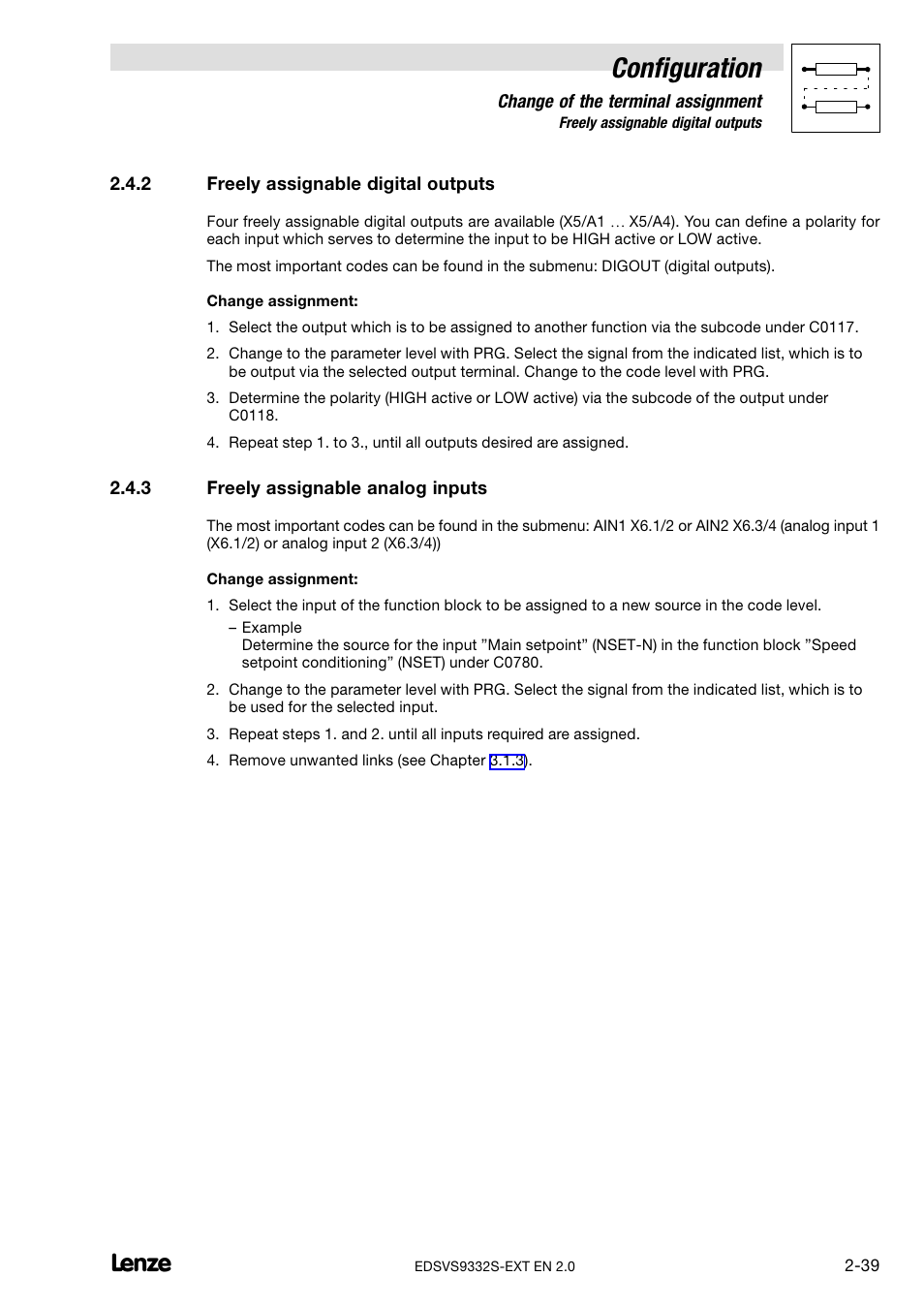 2 freely assignable digital outputs, 3 freely assignable analog inputs, Freely assignable digital outputs | Freely assignable analog inputs, Configuration | Lenze EVS9332xS User Manual | Page 51 / 264