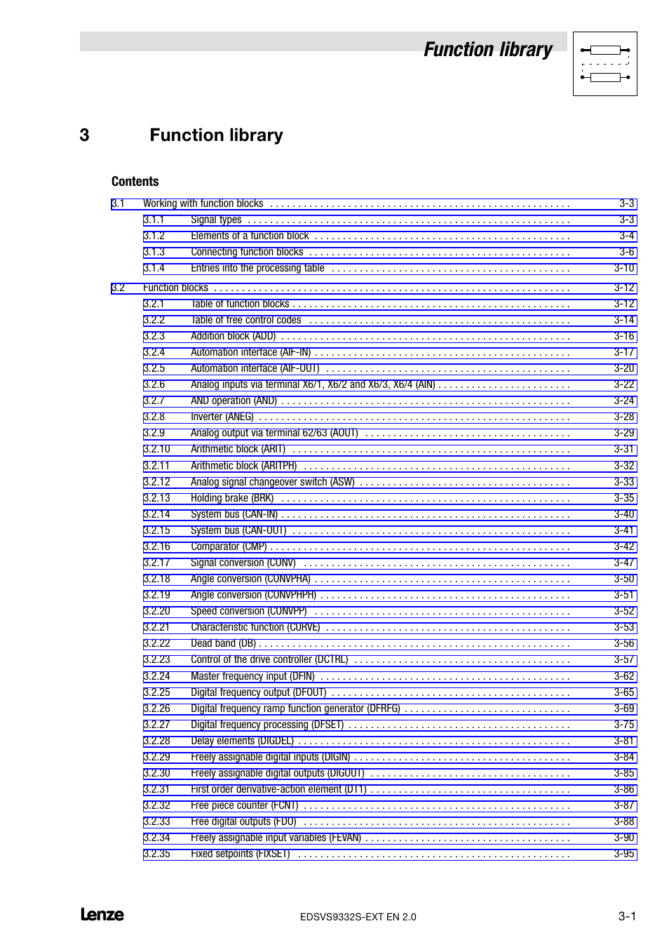 3 function library, Function library, 3function library | Lenze EVS9332xS User Manual | Page 53 / 264