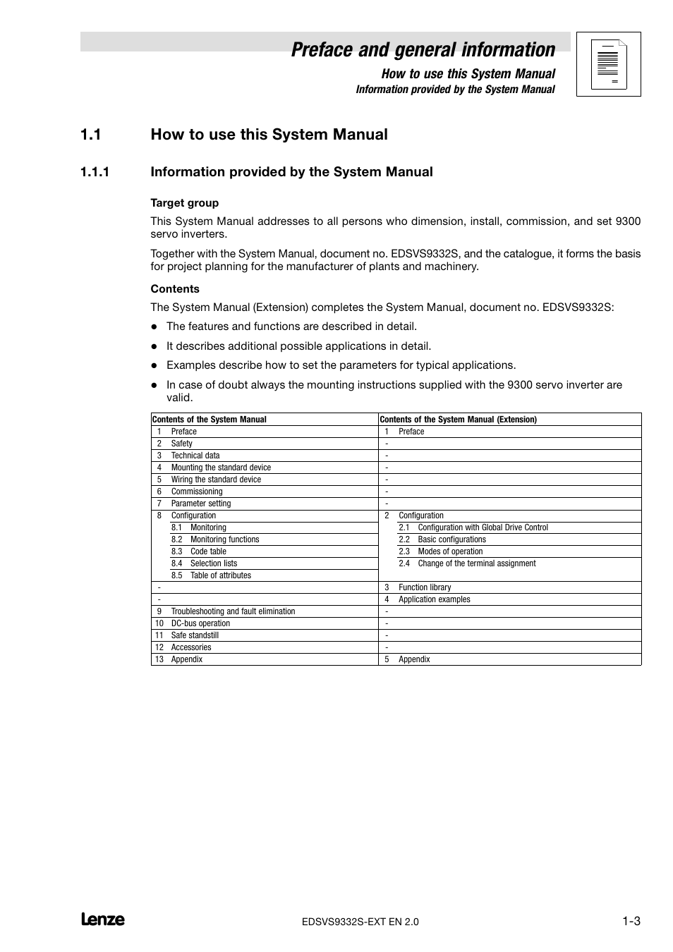 1 how to use this system manual, 1 information provided by the system manual, How to use this system manual | Information provided by the system manual, Preface and general information | Lenze EVS9332xS User Manual | Page 9 / 264