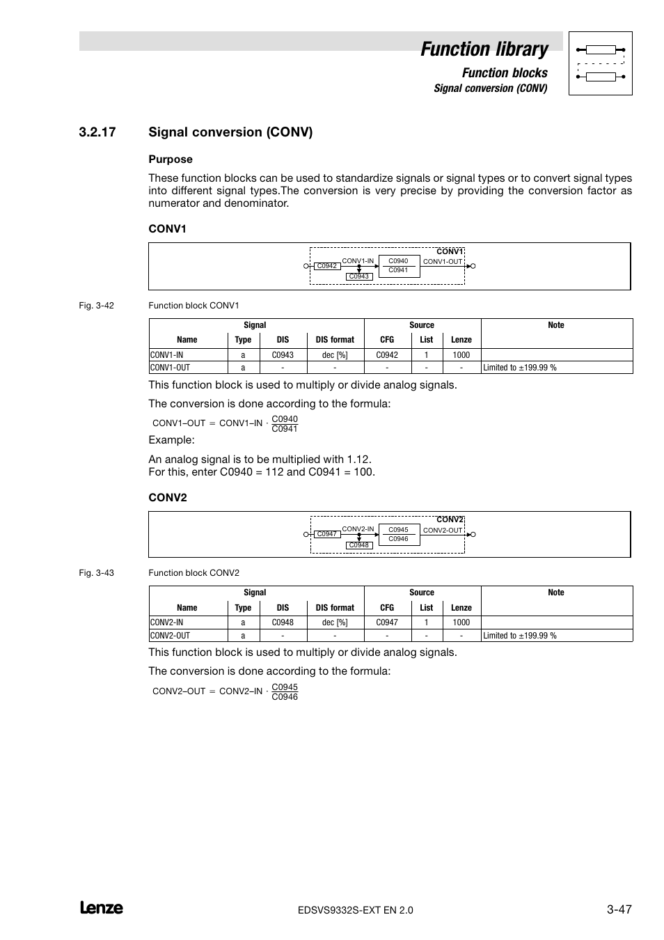 17 signal conversion (conv), Signal conversion (conv), Function library | Function blocks | Lenze EVS9332xS User Manual | Page 99 / 264