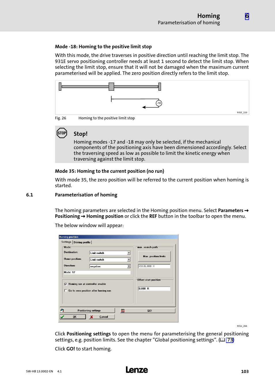 1 parameterisation of homing, Parameterisation of homing, Homing | Lenze 931E/K Small Drives Control User Manual | Page 103 / 198