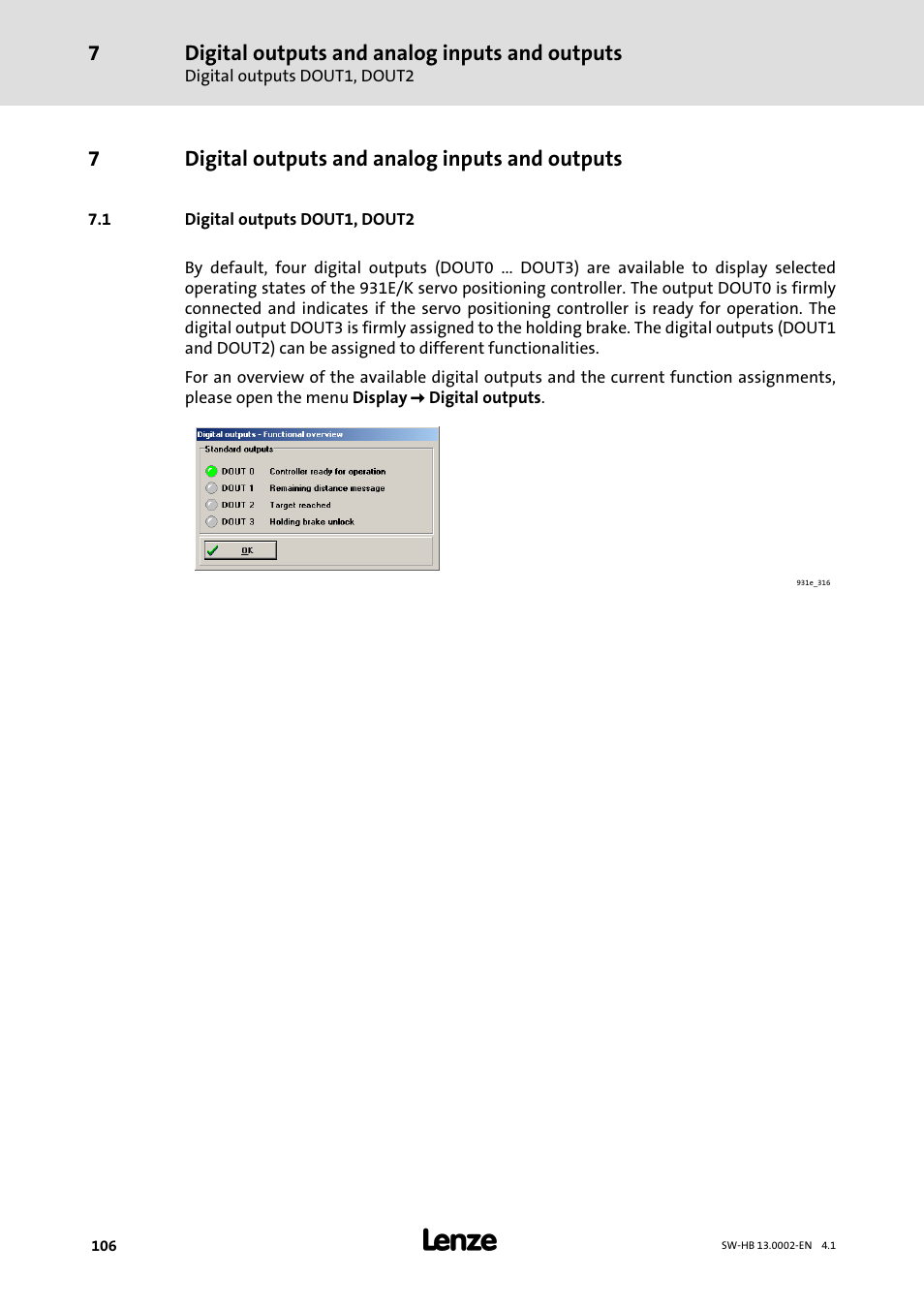 7 digital outputs and analog inputs and outputs, 1 digital outputs dout1, dout2, Digital outputs and analog inputs and outputs | Digital outputs dout1, dout2 | Lenze 931E/K Small Drives Control User Manual | Page 106 / 198