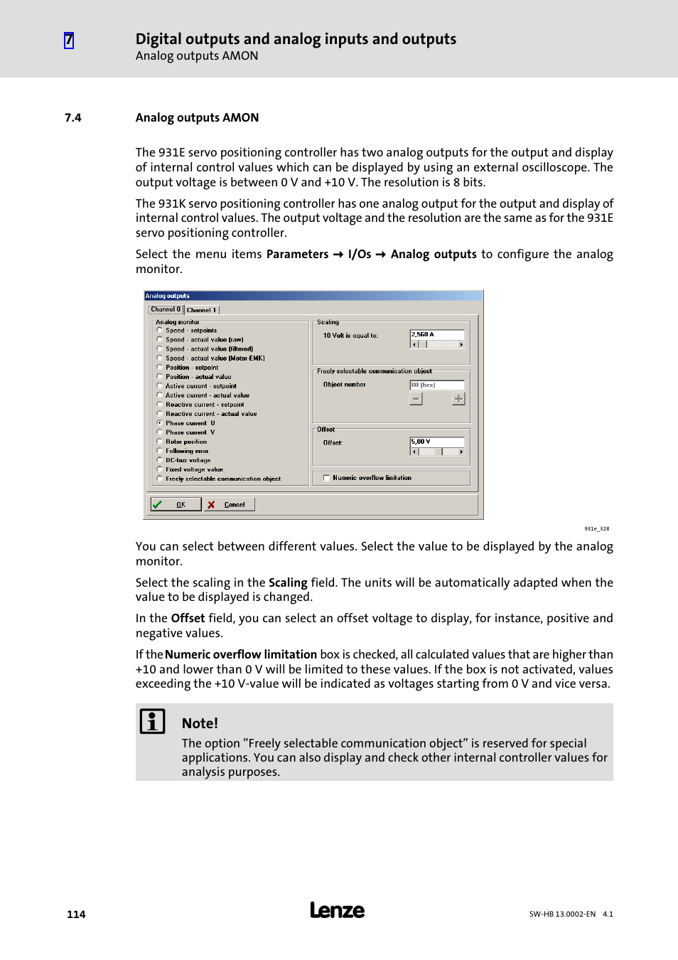 4 analog outputs amon, Analog outputs amon | Lenze 931E/K Small Drives Control User Manual | Page 114 / 198