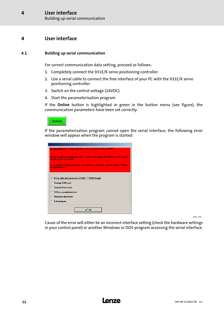 4 user interface, 1 building up serial communication, User interface | Building up serial communication | Lenze 931E/K Small Drives Control User Manual | Page 12 / 198