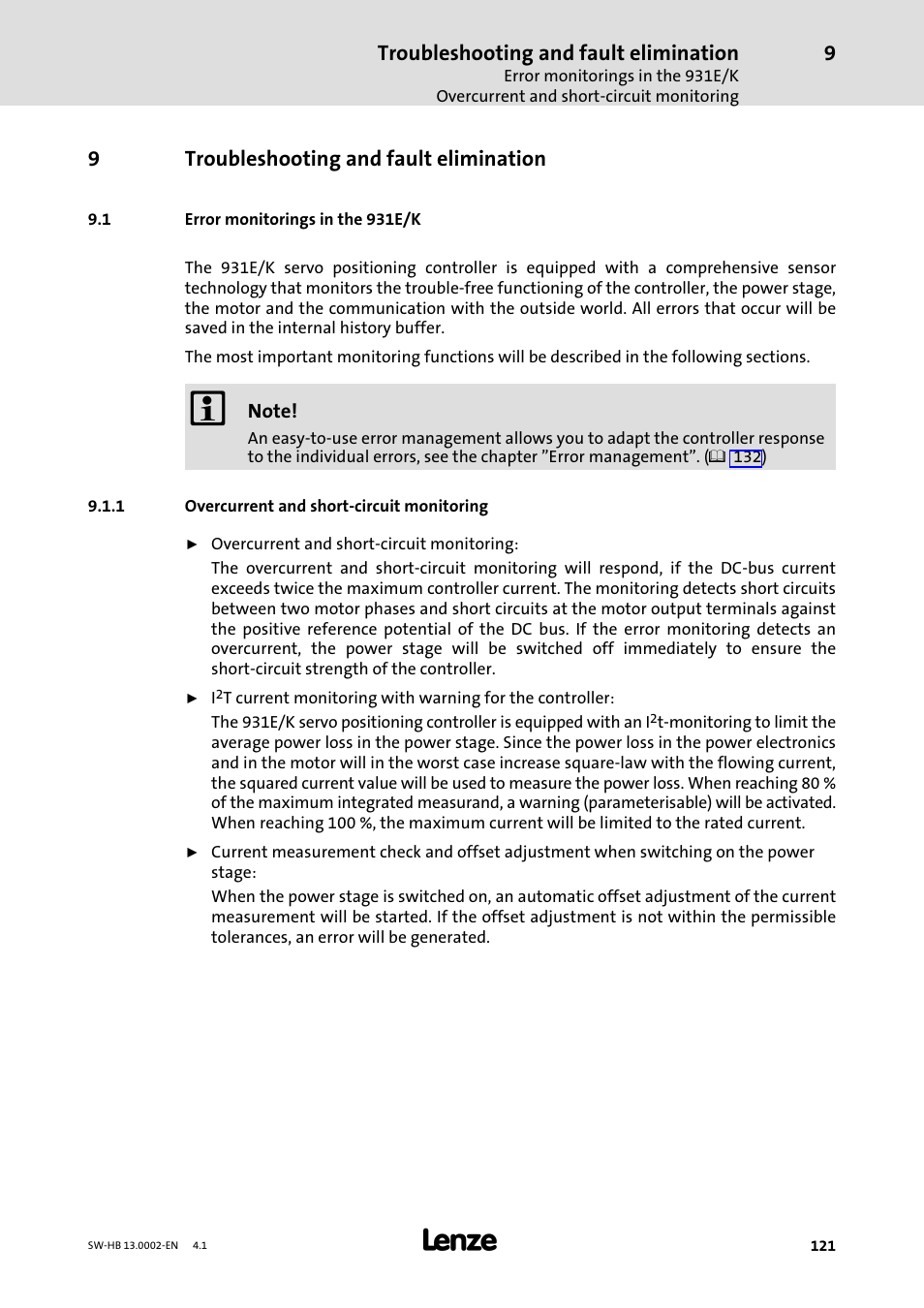 9 troubleshooting and fault elimination, 1 error monitorings in the 931e/k, 1 overcurrent and short-circuit monitoring | Troubleshooting and fault elimination, Error monitorings in the 931e/k, Overcurrent and short−circuit monitoring | Lenze 931E/K Small Drives Control User Manual | Page 121 / 198