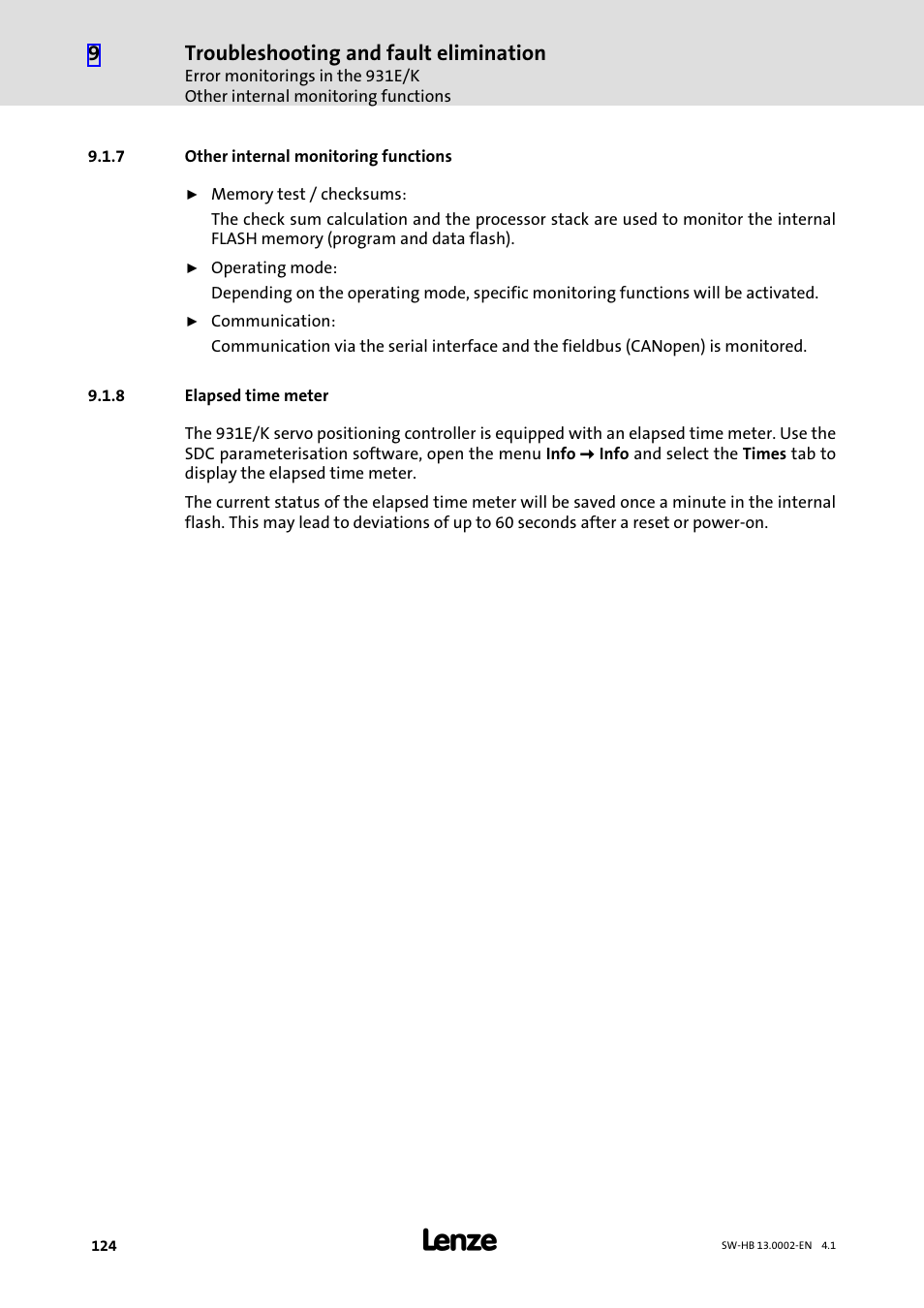 7 other internal monitoring functions, 8 elapsed time meter, Other internal monitoring functions | Elapsed time meter, Troubleshooting and fault elimination | Lenze 931E/K Small Drives Control User Manual | Page 124 / 198