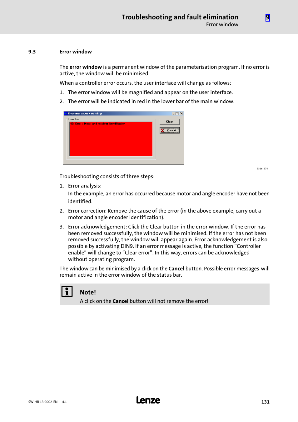 3 error window, Error window, Troubleshooting and fault elimination | Lenze 931E/K Small Drives Control User Manual | Page 131 / 198