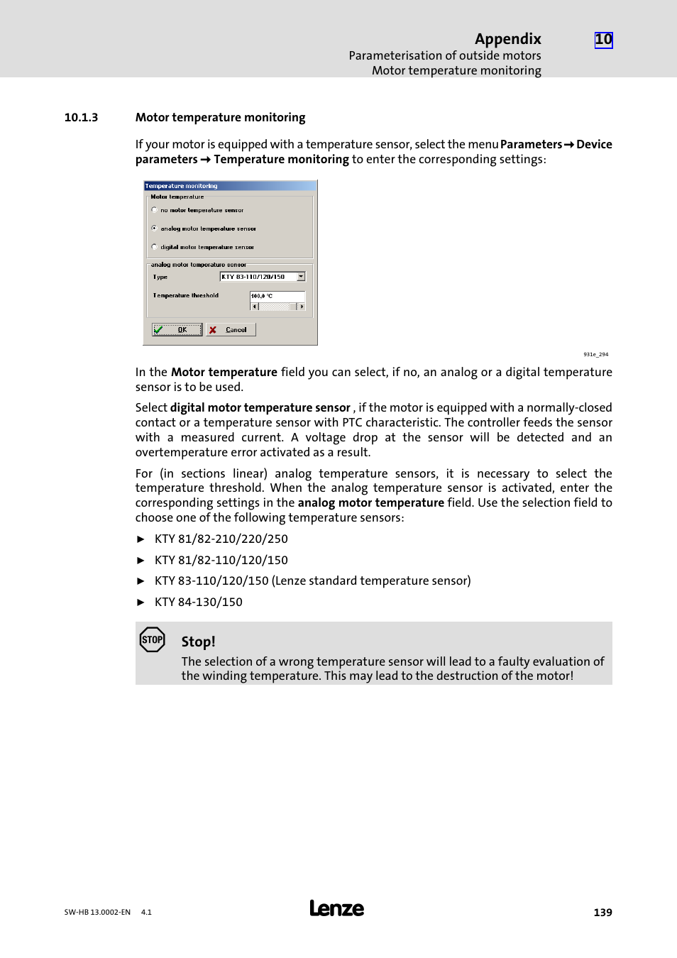 3 motor temperature monitoring, Motor temperature monitoring, Appendix | Lenze 931E/K Small Drives Control User Manual | Page 139 / 198