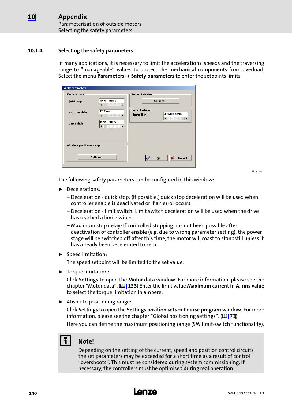 4 selecting the safety parameters, Selecting the safety parameters, Appendix | Lenze 931E/K Small Drives Control User Manual | Page 140 / 198