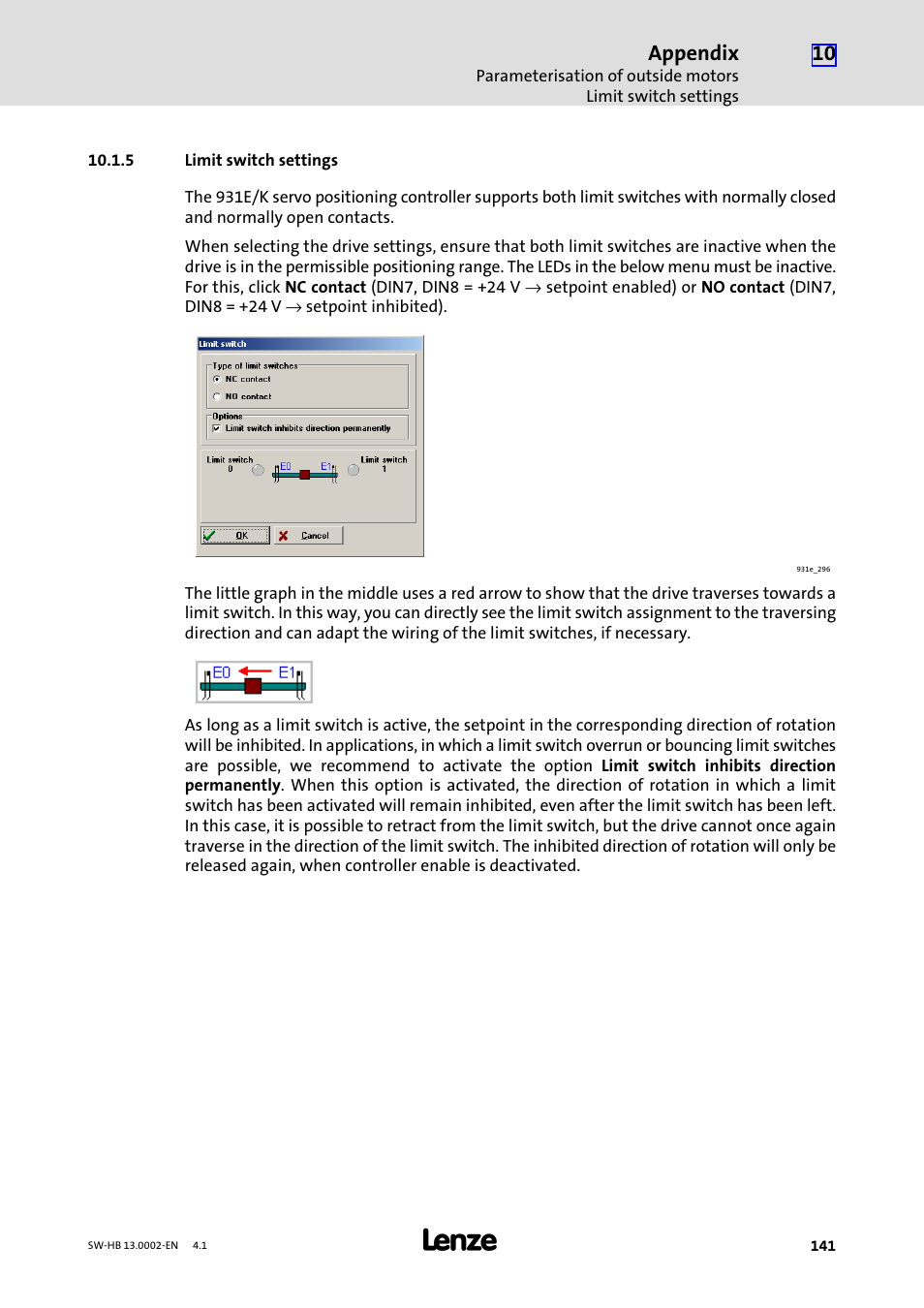 5 limit switch settings, Limit switch settings, Appendix | Lenze 931E/K Small Drives Control User Manual | Page 141 / 198