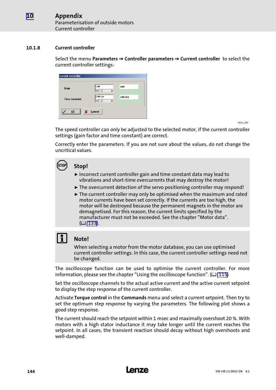 8 current controller, Current controller, Appendix | Lenze 931E/K Small Drives Control User Manual | Page 144 / 198