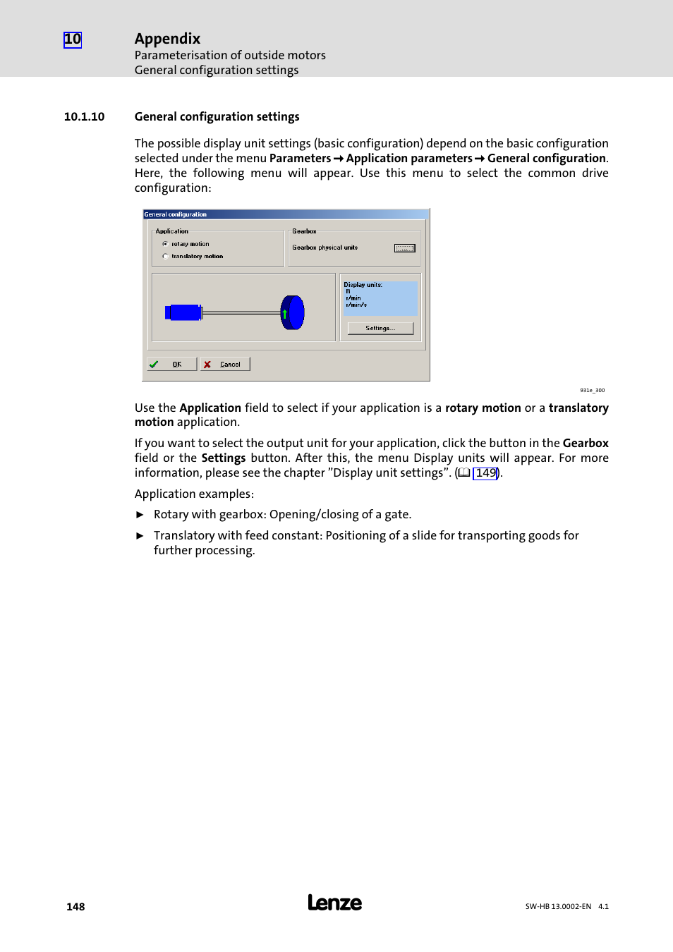 10 general configuration settings, Appendix | Lenze 931E/K Small Drives Control User Manual | Page 148 / 198