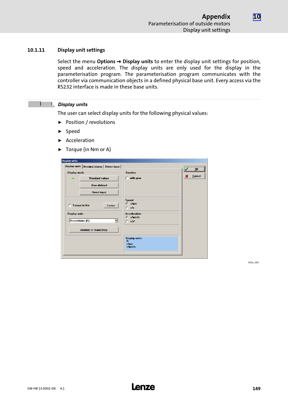 11 display unit settings, Appendix | Lenze 931E/K Small Drives Control User Manual | Page 149 / 198