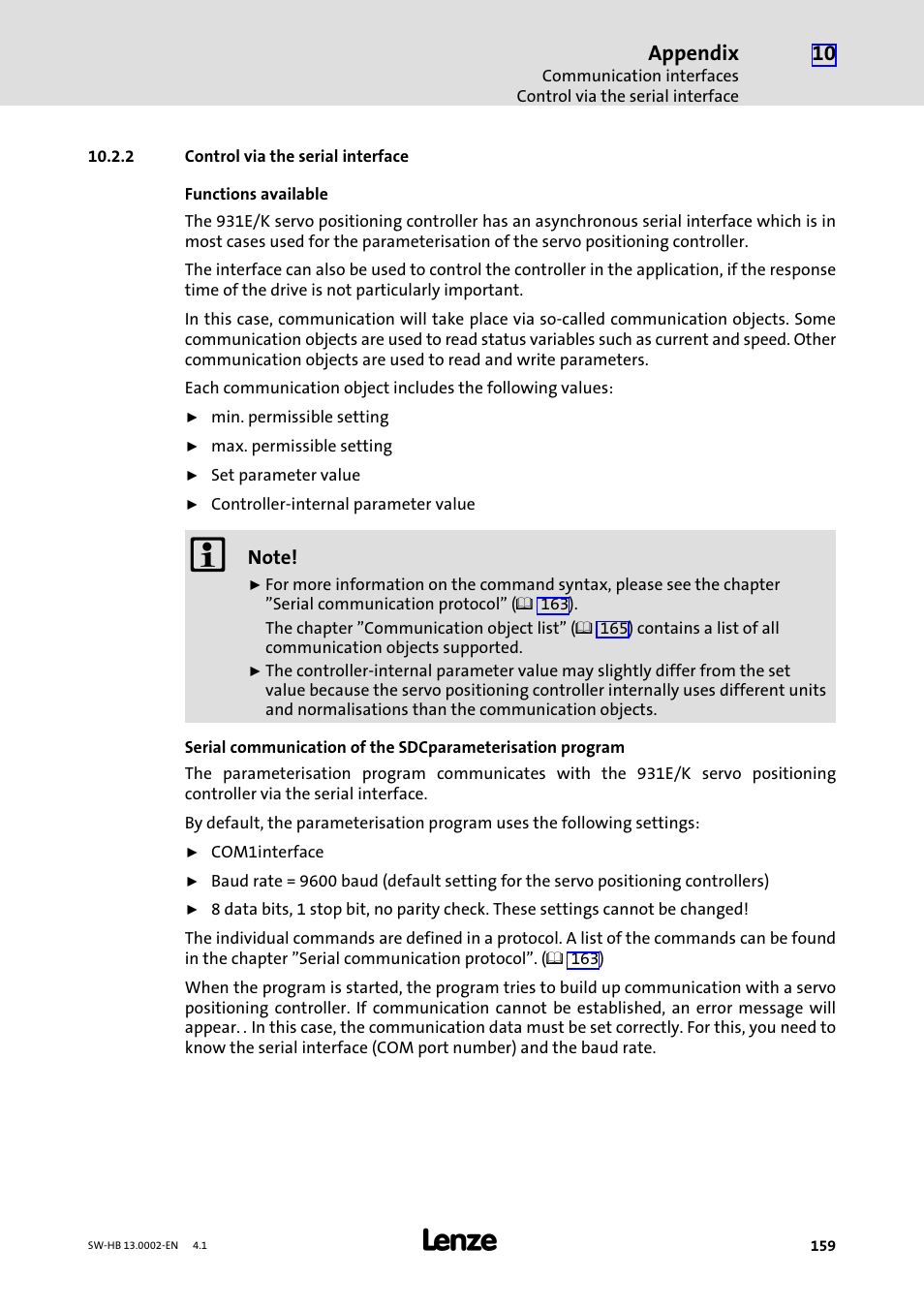 2 control via the serial interface, Control via the serial interface, Appendix | Lenze 931E/K Small Drives Control User Manual | Page 159 / 198