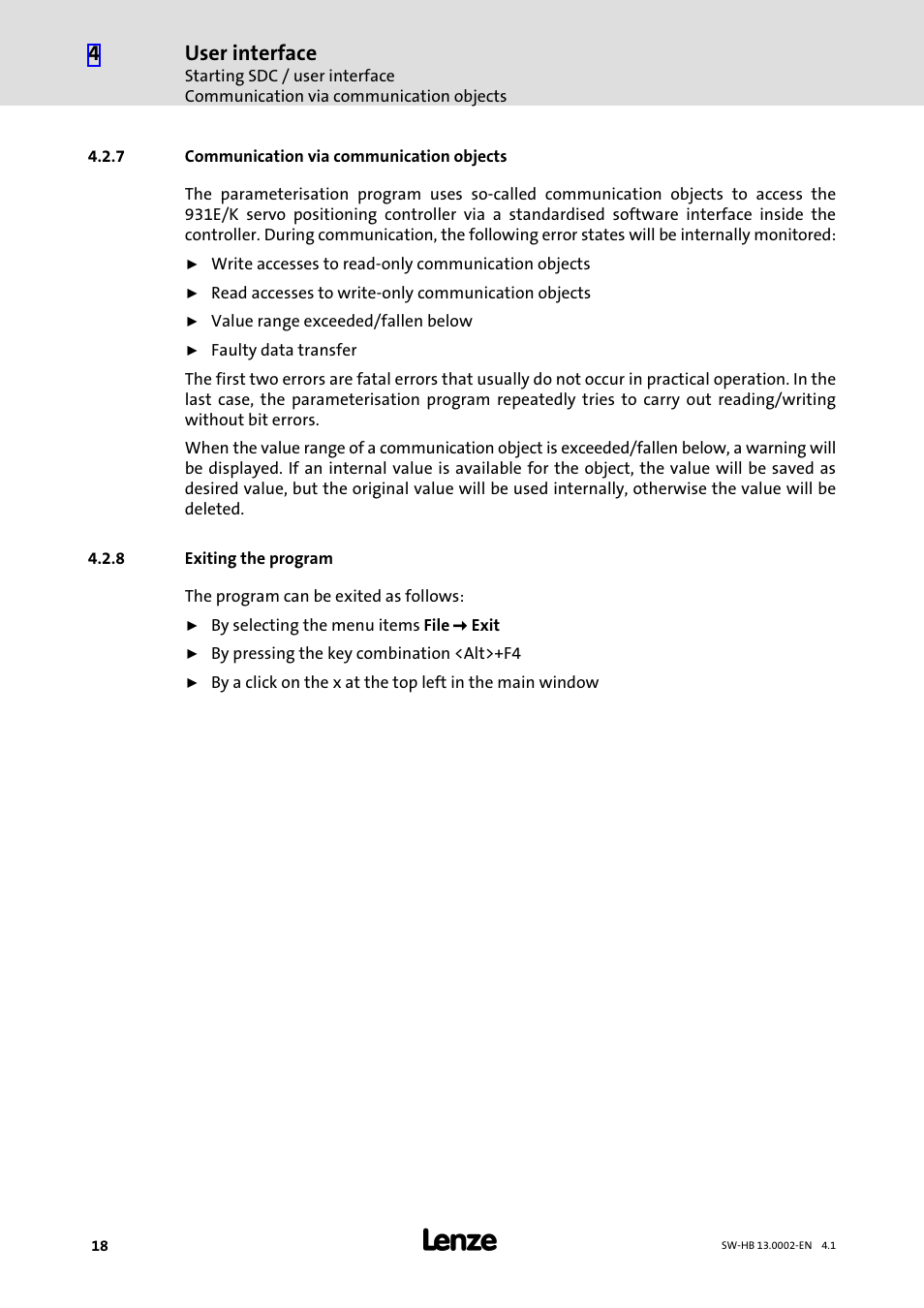 7 communication via communication objects, 8 exiting the program, Communication via communication objects | Exiting the program, User interface | Lenze 931E/K Small Drives Control User Manual | Page 18 / 198