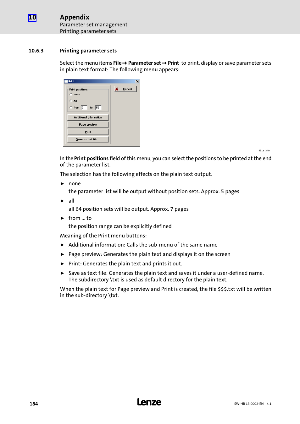 3 printing parameter sets, Printing parameter sets, Appendix | Lenze 931E/K Small Drives Control User Manual | Page 184 / 198