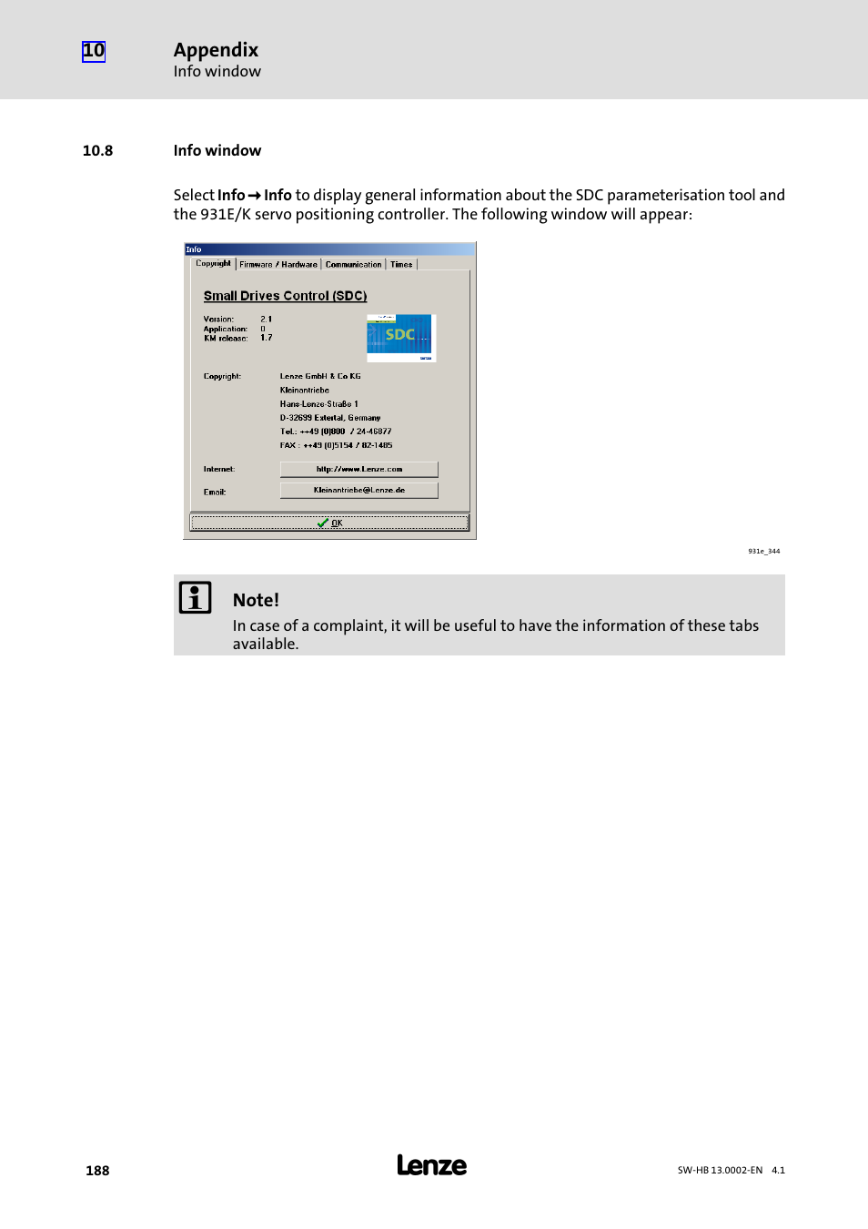 8 info window | Lenze 931E/K Small Drives Control User Manual | Page 188 / 198