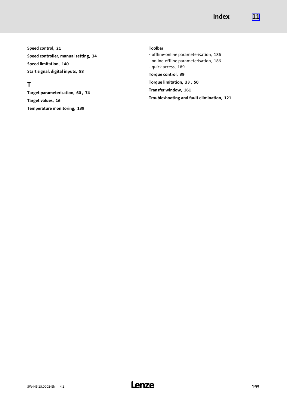 Index 11 | Lenze 931E/K Small Drives Control User Manual | Page 195 / 198