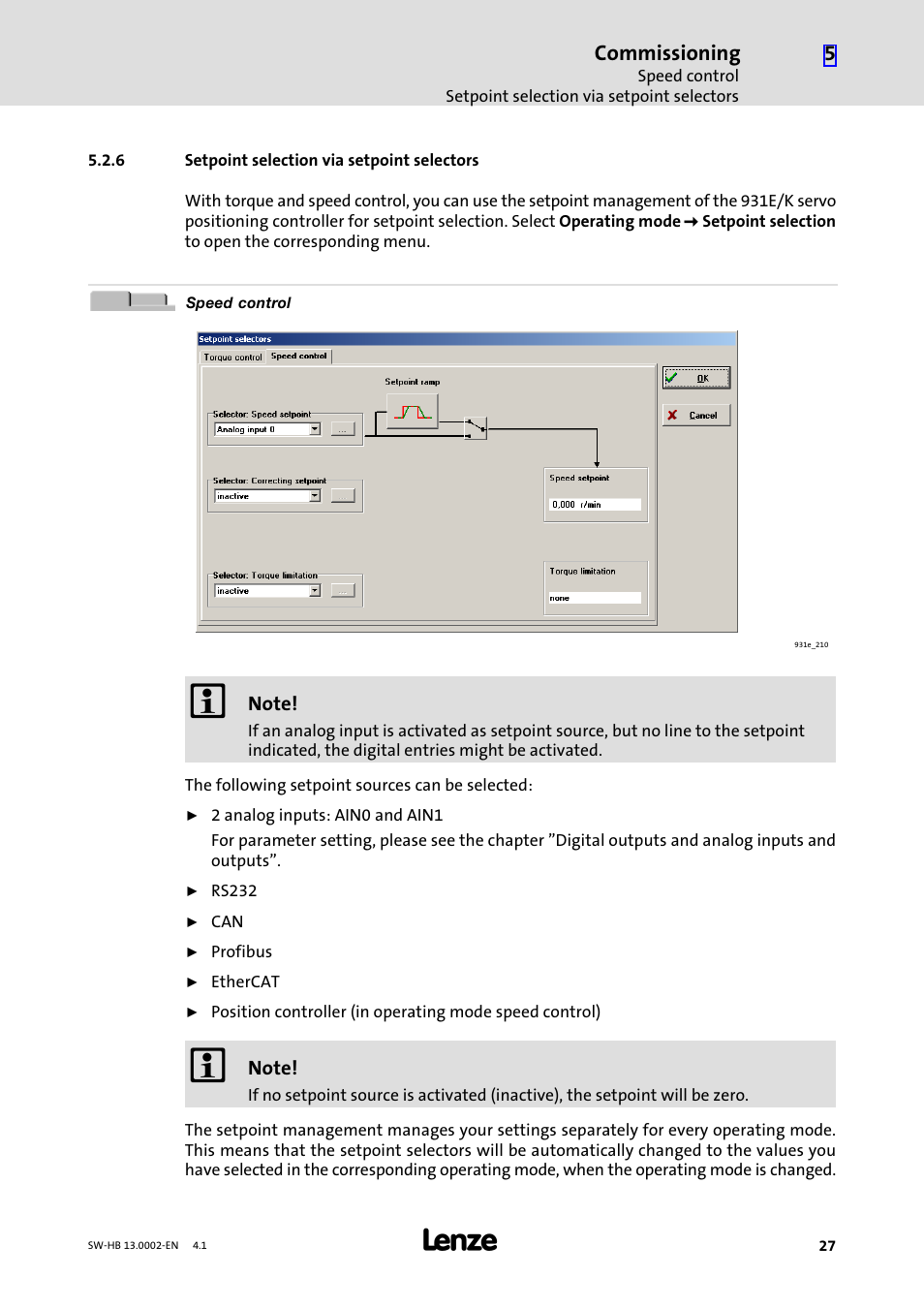 6 setpoint selection via setpoint selectors, Setpoint selection via setpoint selectors, Commissioning | Lenze 931E/K Small Drives Control User Manual | Page 27 / 198