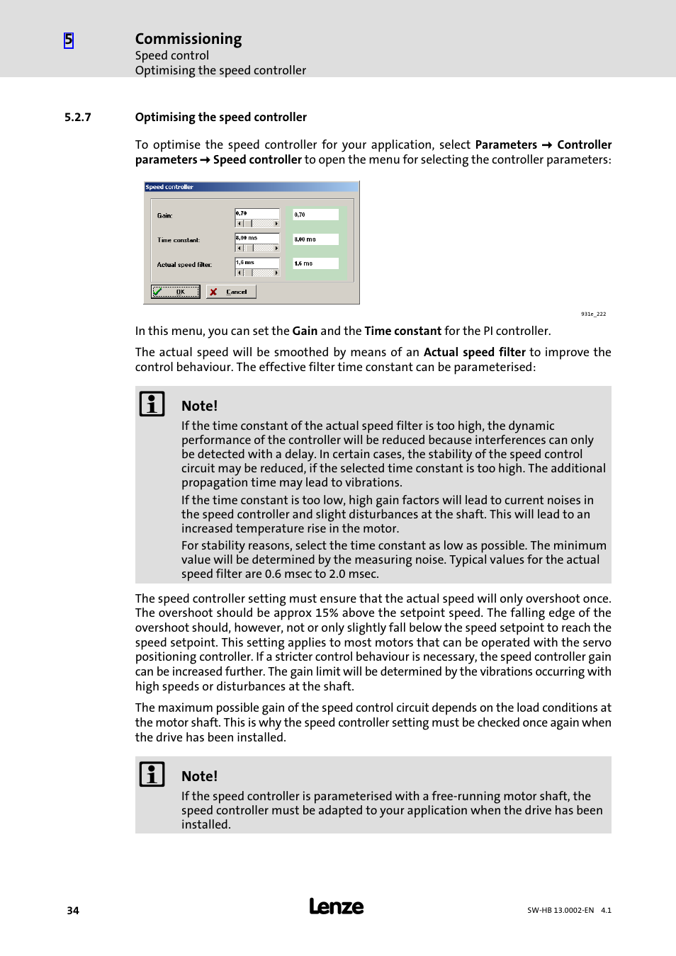 7 optimising the speed controller, Optimising the speed controller | Lenze 931E/K Small Drives Control User Manual | Page 34 / 198