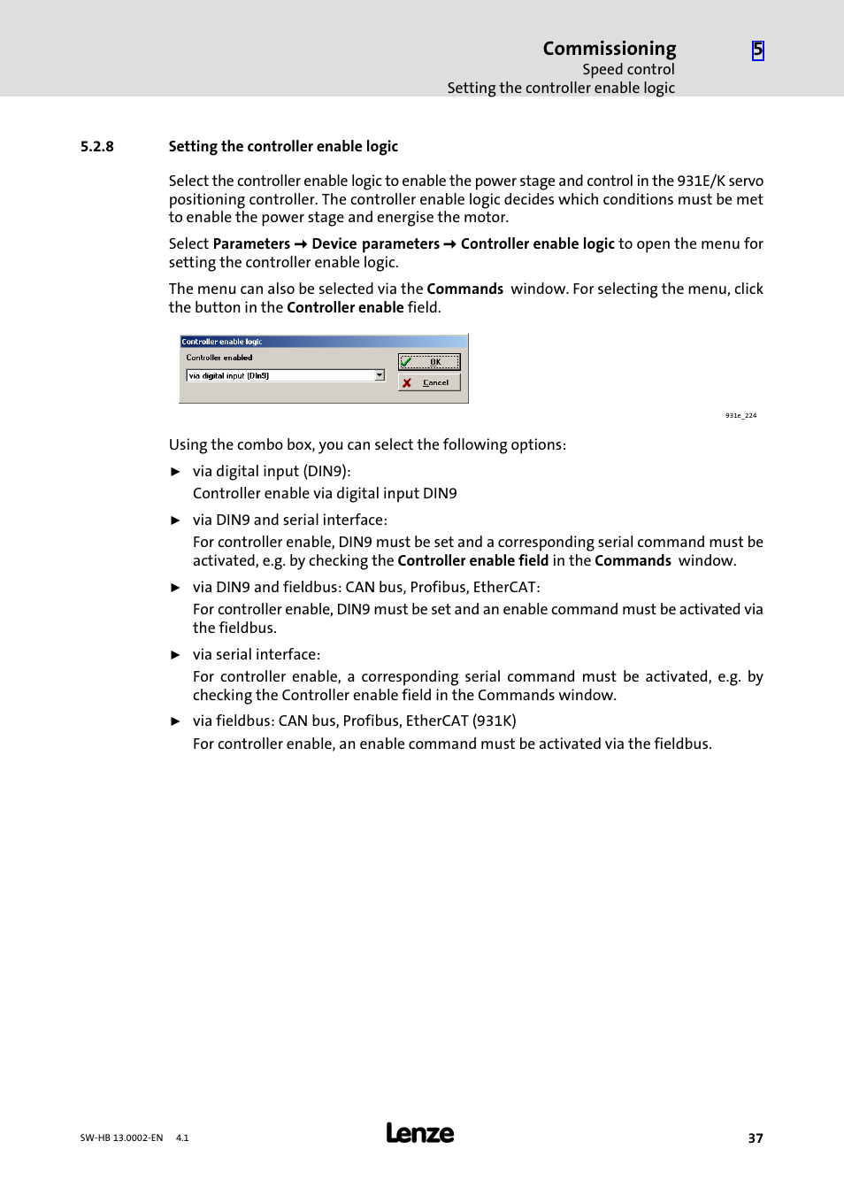 8 setting the controller enable logic, Setting the controller enable logic, Commissioning | Lenze 931E/K Small Drives Control User Manual | Page 37 / 198