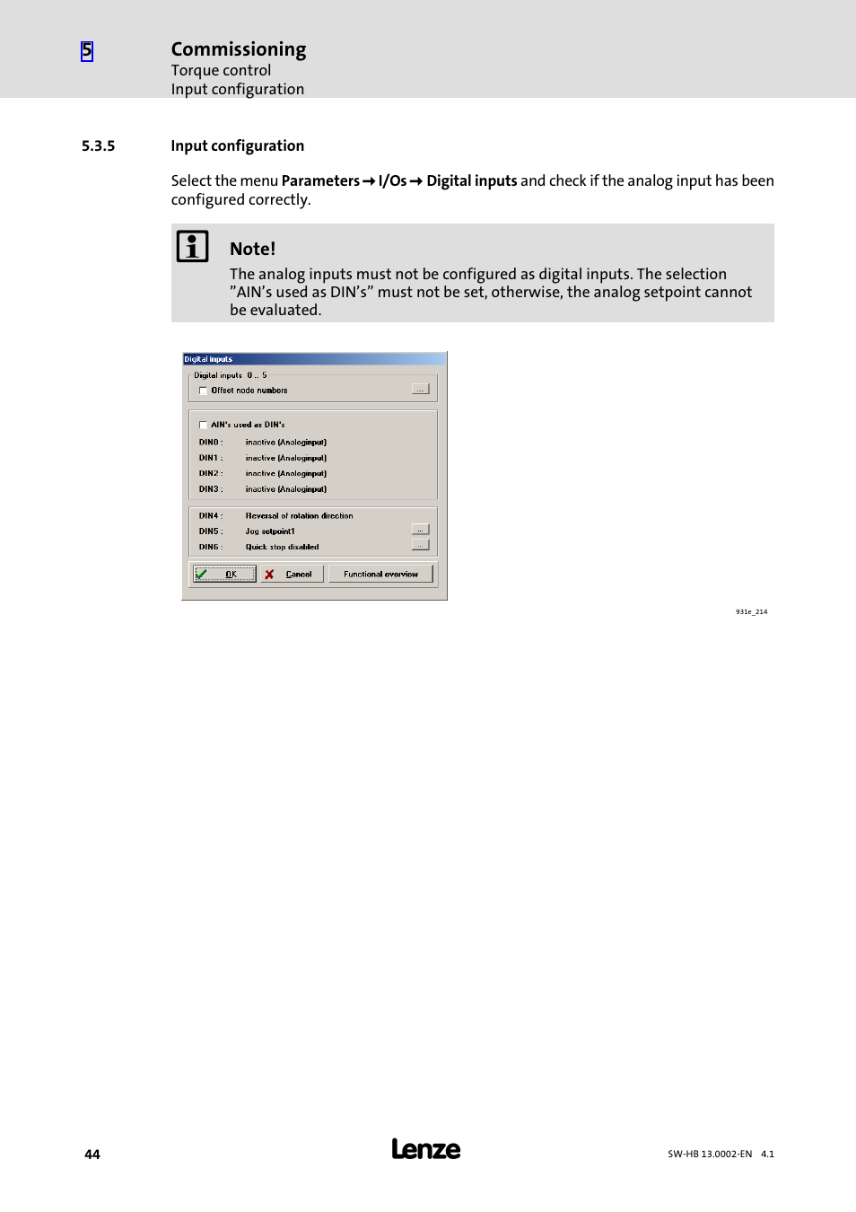 5 input configuration, Input configuration | Lenze 931E/K Small Drives Control User Manual | Page 44 / 198