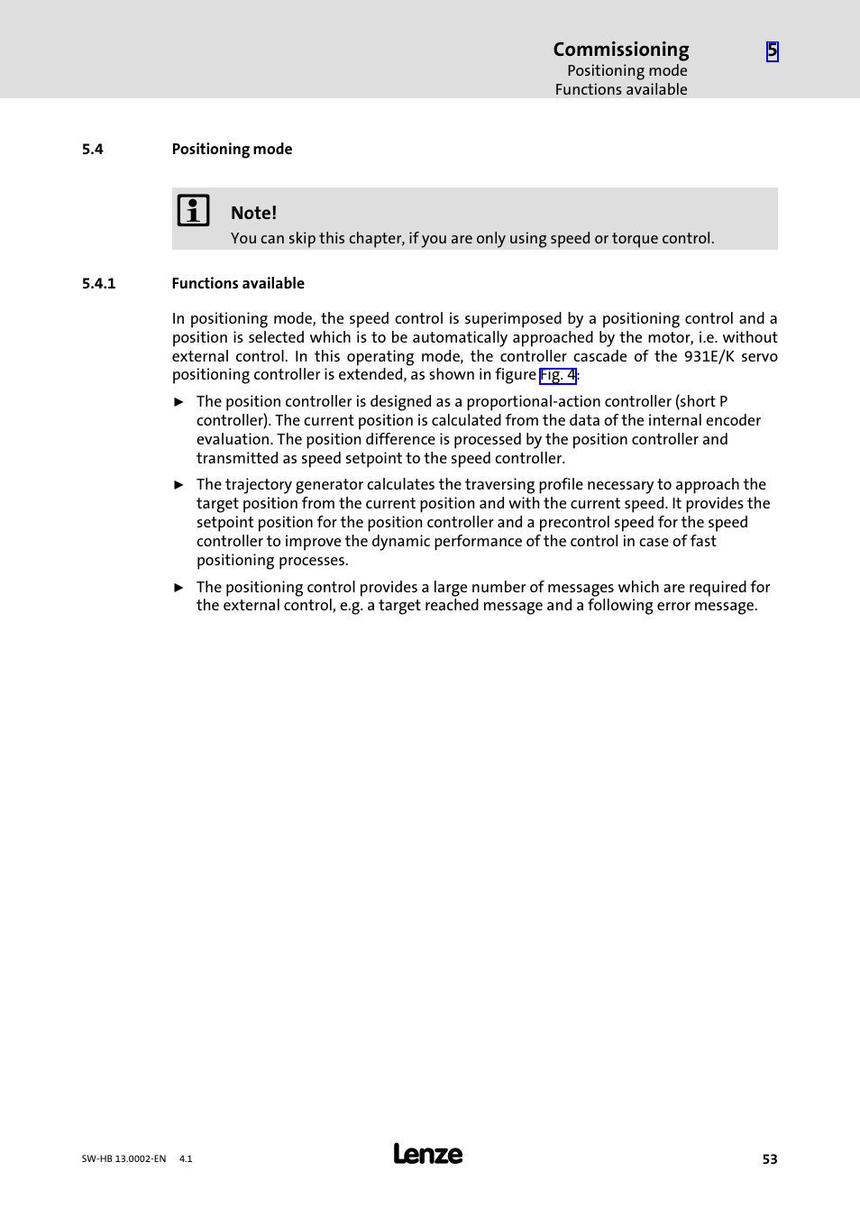 4 positioning mode, 1 functions available, Positioning mode | Functions available | Lenze 931E/K Small Drives Control User Manual | Page 53 / 198