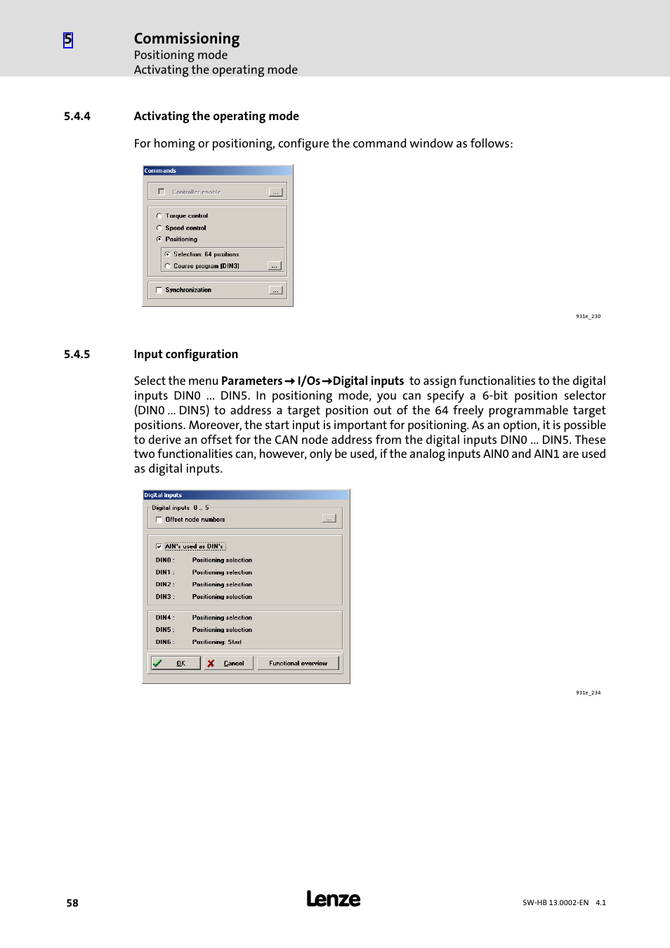 4 activating the operating mode, 5 input configuration, Activating the operating mode | Input configuration, Commissioning | Lenze 931E/K Small Drives Control User Manual | Page 58 / 198