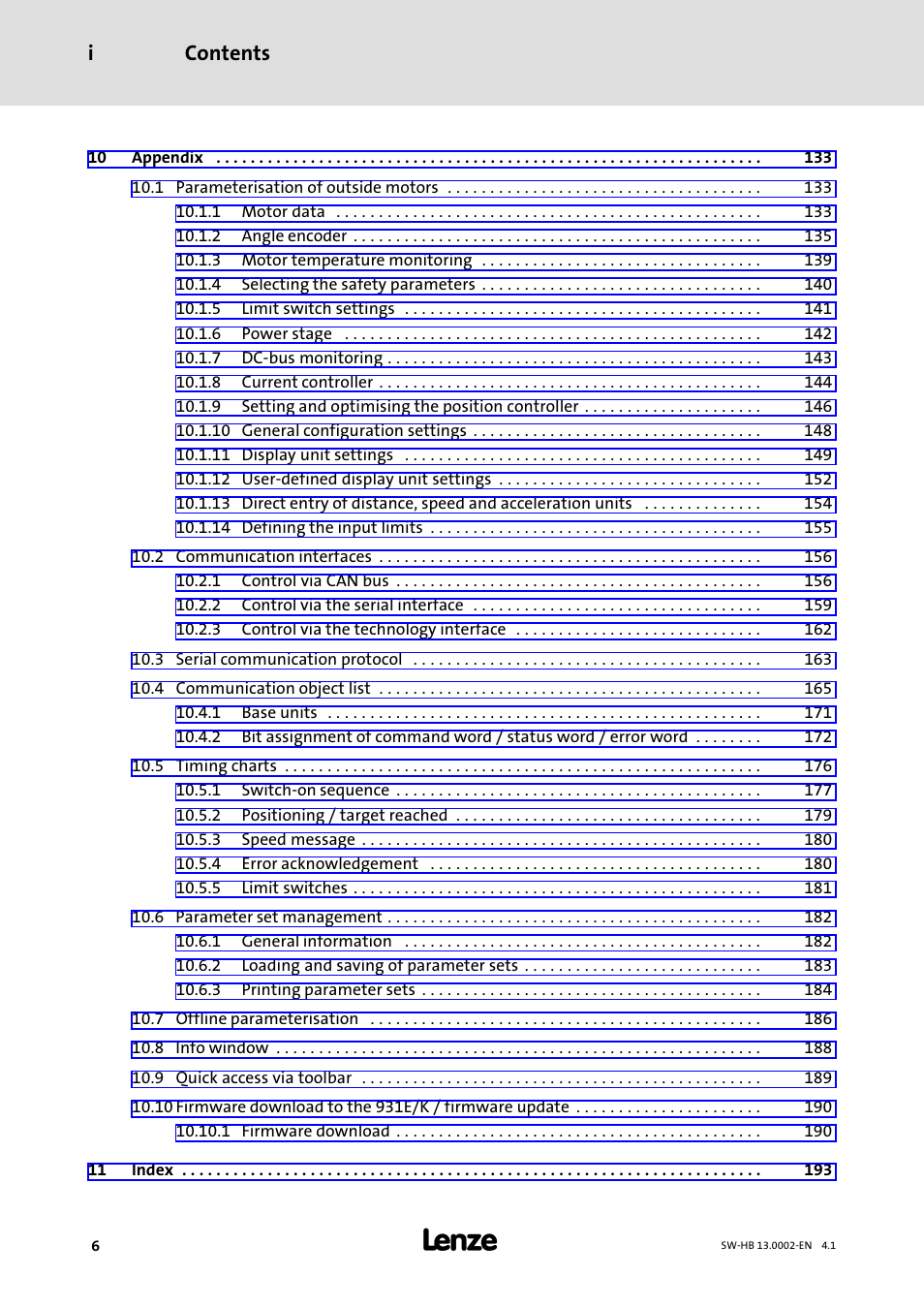 Contents i | Lenze 931E/K Small Drives Control User Manual | Page 6 / 198