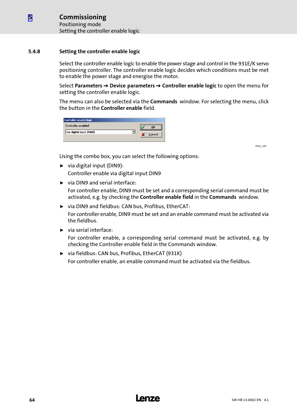 8 setting the controller enable logic, Setting the controller enable logic, Commissioning | Lenze 931E/K Small Drives Control User Manual | Page 64 / 198