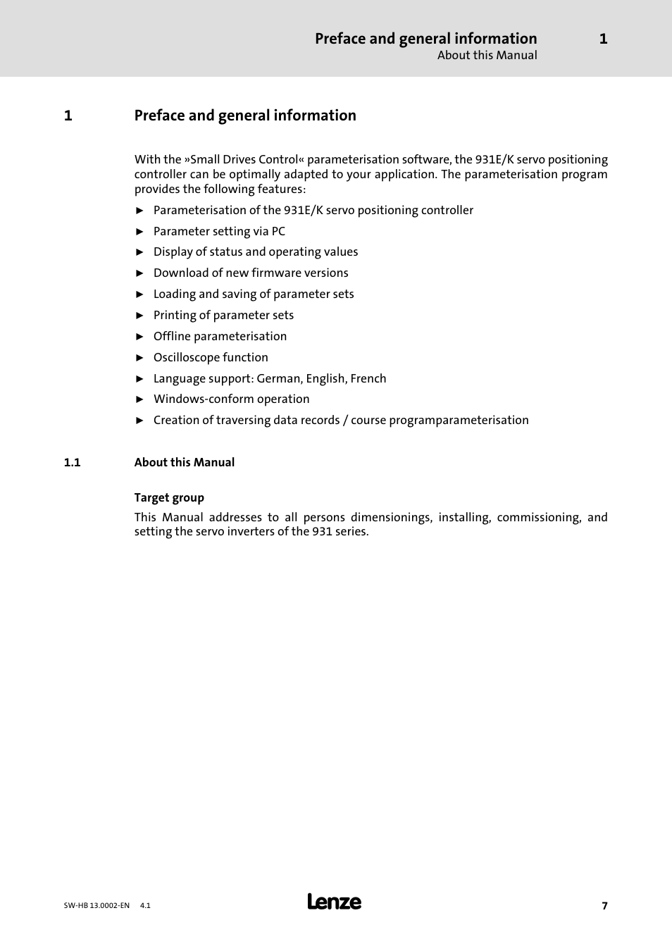 1 preface and general information, 1 about this manual, Preface and general information | About this manual, 1preface and general information | Lenze 931E/K Small Drives Control User Manual | Page 7 / 198