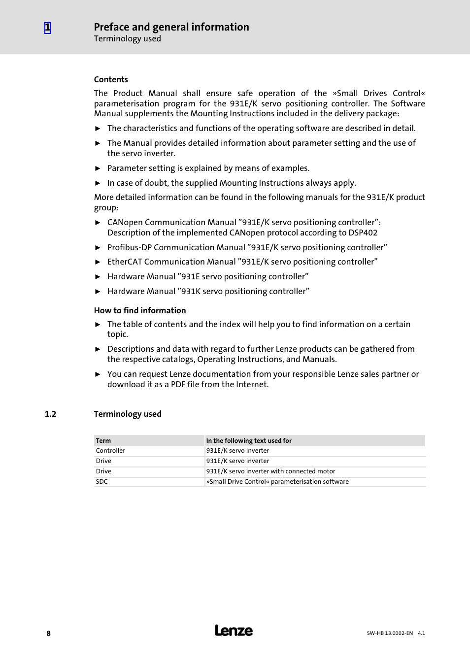 2 terminology used, Terminology used, Preface and general information | Lenze 931E/K Small Drives Control User Manual | Page 8 / 198