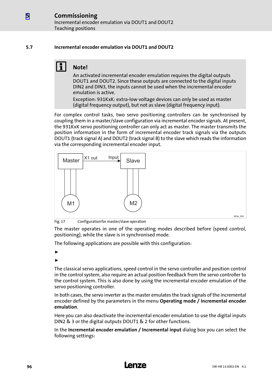 Incremental encoder emulation via dout1 and dout2, Commissioning | Lenze 931E/K Small Drives Control User Manual | Page 96 / 198