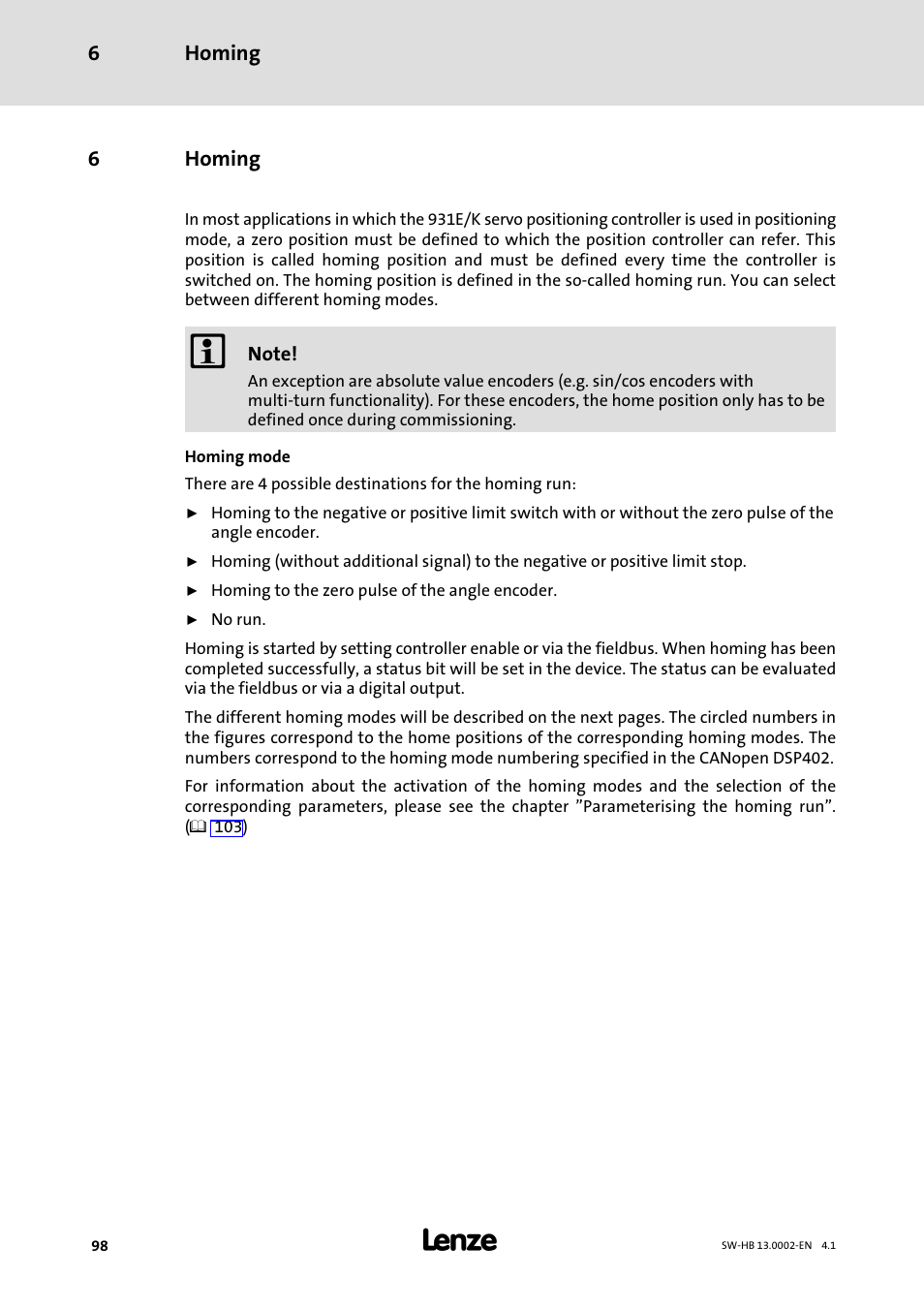 6 homing, Homing | Lenze 931E/K Small Drives Control User Manual | Page 98 / 198