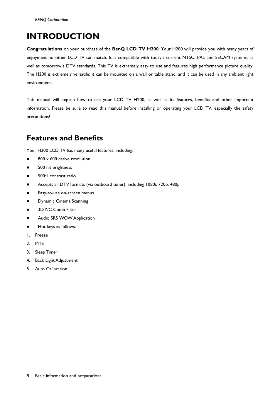 Introduction, Features and benefits | BenQ H200:A User Manual | Page 10 / 48