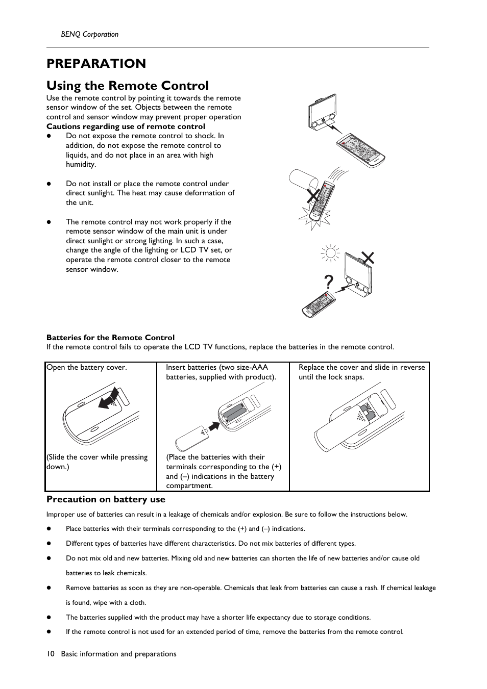 Preparation using the remote control, Precaution on battery use | BenQ H200:A User Manual | Page 12 / 48