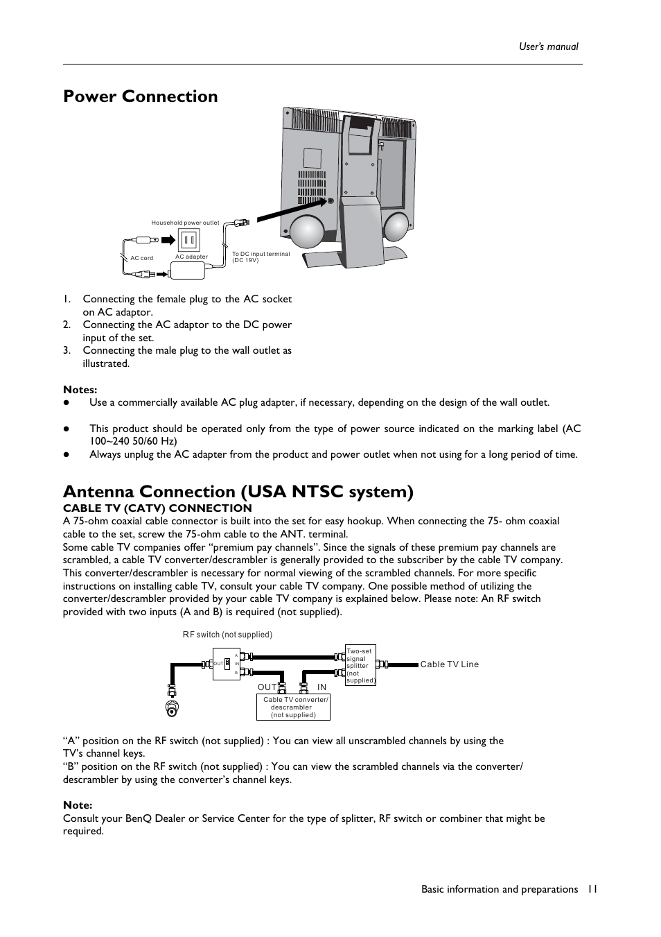 Power connection, Antenna connection (usa ntsc system) | BenQ H200:A User Manual | Page 13 / 48