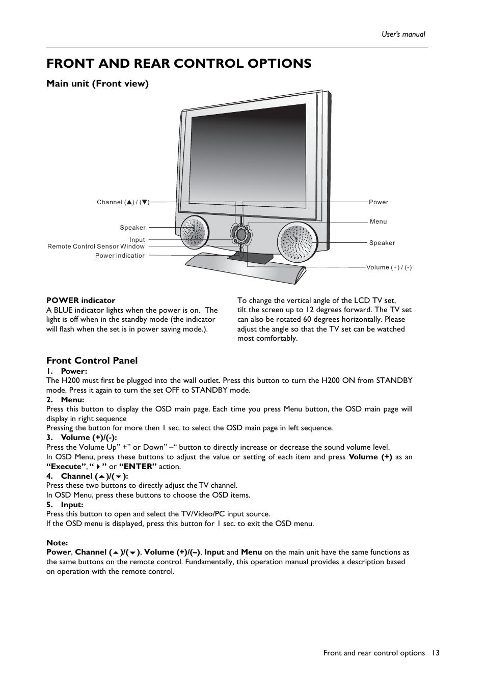 Front and rear control options, Main unit (front view), Front control panel | BenQ H200:A User Manual | Page 15 / 48