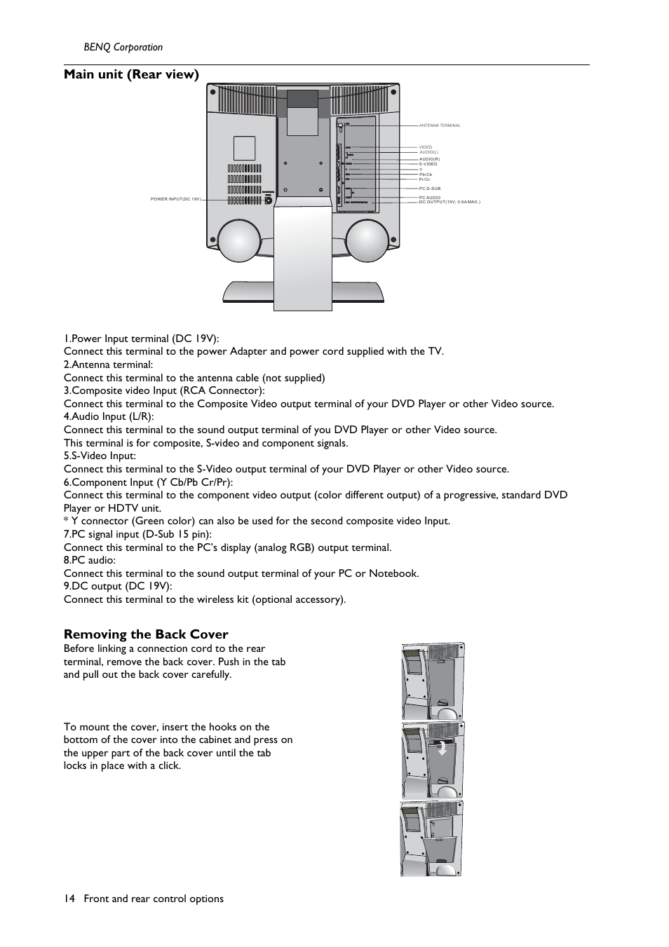 Main unit (rear view), Removing the back cover | BenQ H200:A User Manual | Page 16 / 48