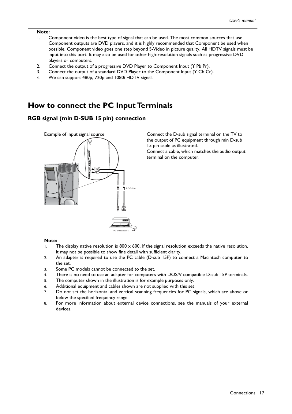 How to connect the pc input terminals, Rgb signal (min d-sub 15 pin) connection | BenQ H200:A User Manual | Page 19 / 48