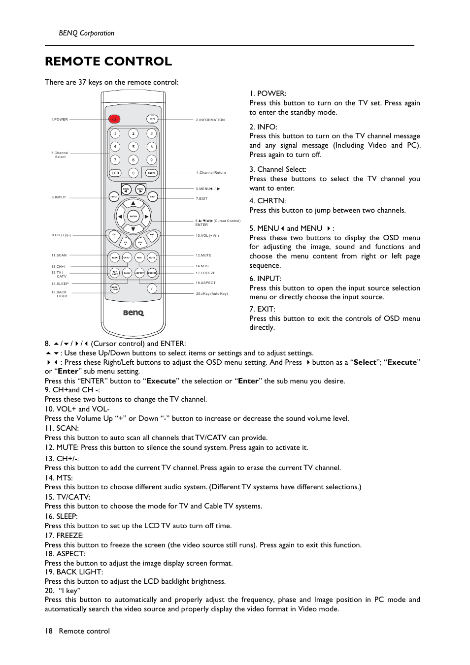 Remote control, Benq corporation remote control 18 | BenQ H200:A User Manual | Page 20 / 48