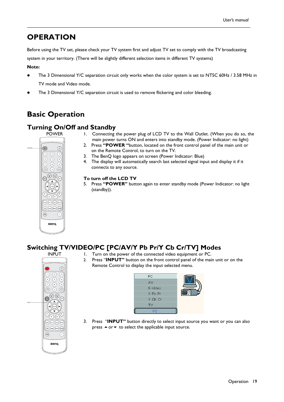 Operation, Basic operation, Turning on/off and standby | BenQ H200:A User Manual | Page 21 / 48