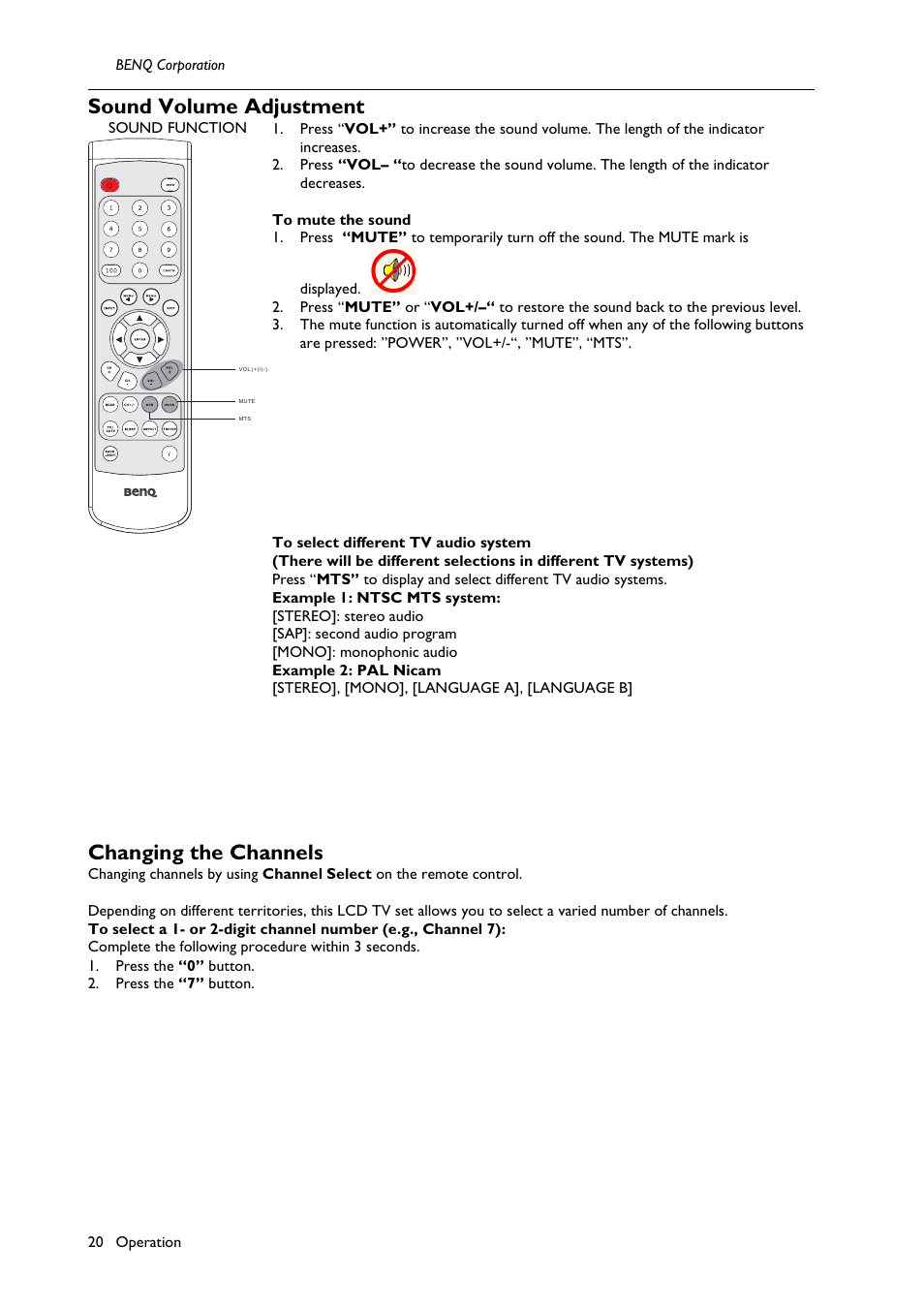 Sound volume adjustment, Changing the channels | BenQ H200:A User Manual | Page 22 / 48