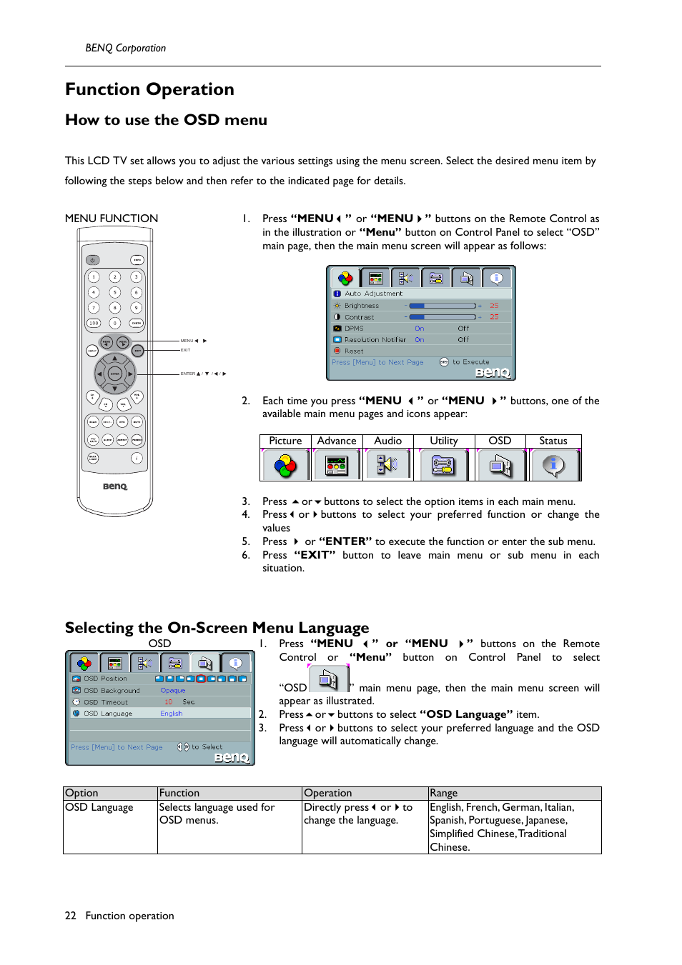 Function operation, How to use the osd menu, Selecting the on-screen menu language | BenQ H200:A User Manual | Page 24 / 48