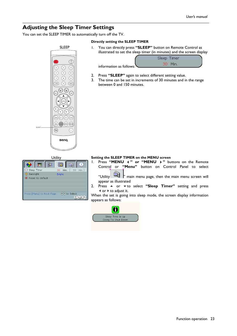 Adjusting the sleep timer settings | BenQ H200:A User Manual | Page 25 / 48