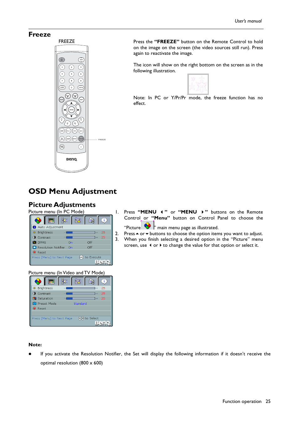 Osd menu adjustment, Freeze, Picture adjustments | BenQ H200:A User Manual | Page 27 / 48