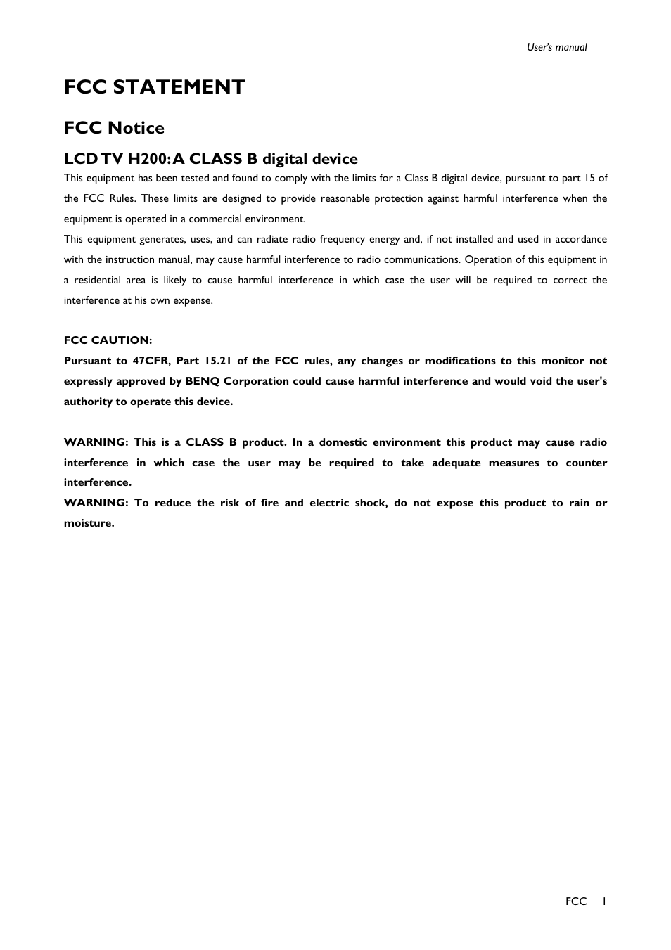 Fcc statement, Fcc notice, Lcd tv h200: a class b digital device | BenQ H200:A User Manual | Page 3 / 48