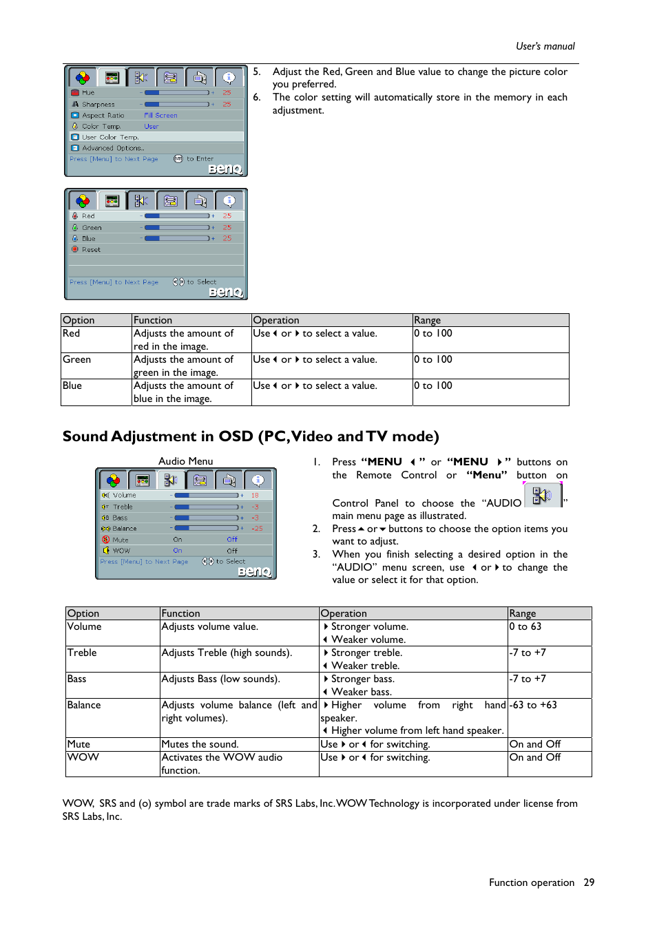 Sound adjustment in osd (pc, video and tv mode) | BenQ H200:A User Manual | Page 31 / 48